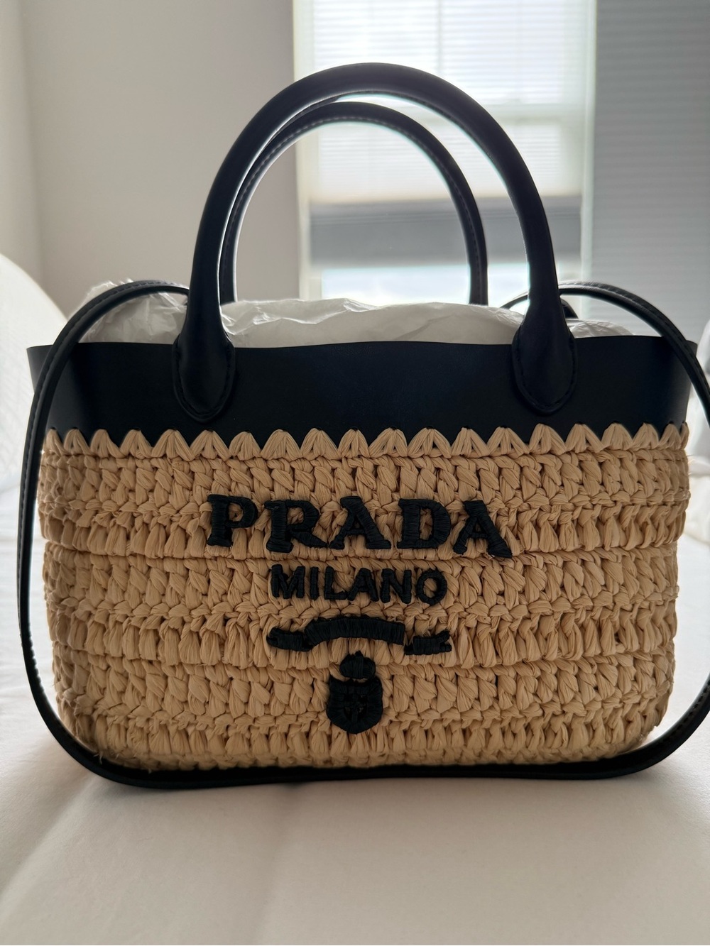 Prada Raffia Straw Tote with Black Leather Trim and Logo - Picture 1 of 5